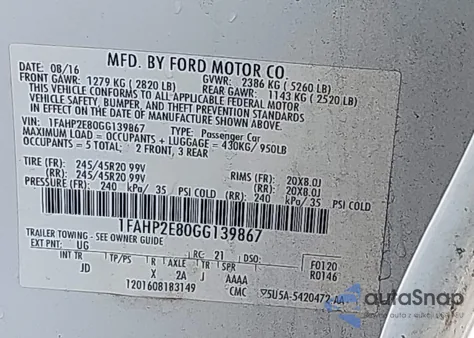 2016 Ford Taurus Sel z USA, uszkodzony, nr VIN 1FAHP2E80GG139867